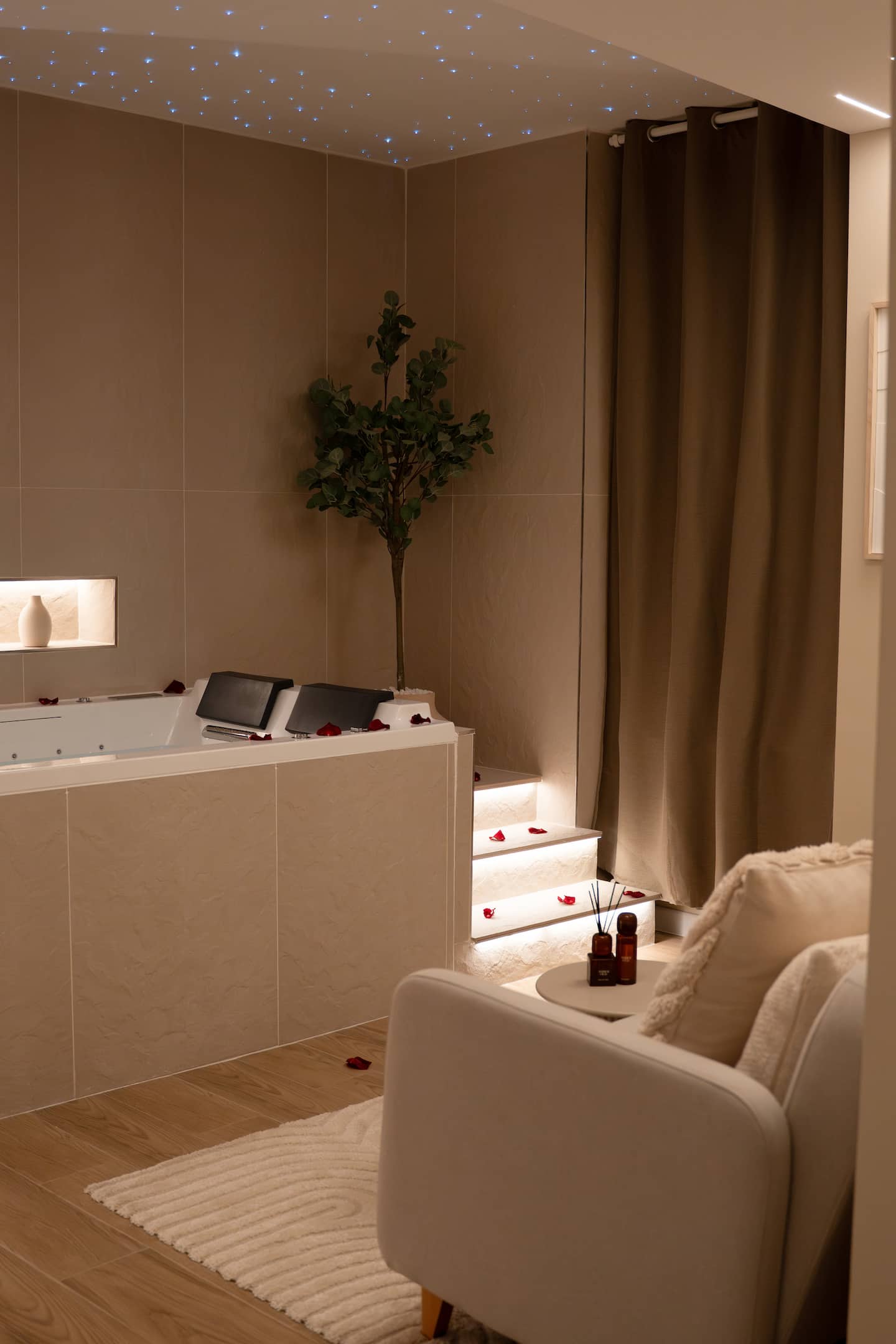 Le jacuzzi vu depuis le coin salon, fauteuil et olivier